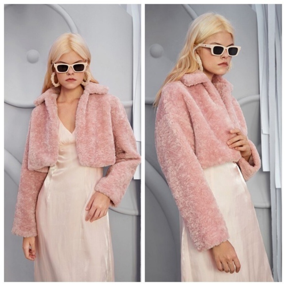 Pink Teddy Sherpa Open Front Cropped Oversized Jacket Collared Coat